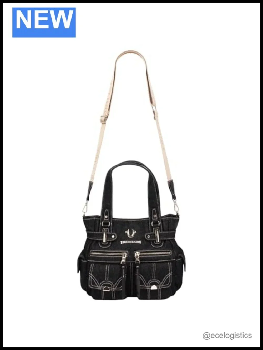 True Religion Multi Pocket Denim Cinch Tote - Cotton-Poly Structured Denim,